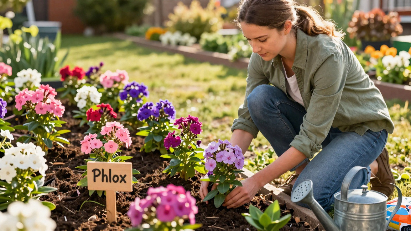 Mulher cuidando de flores coloridas em jardim, com regador ao lado e placa escrito “Phlox”.