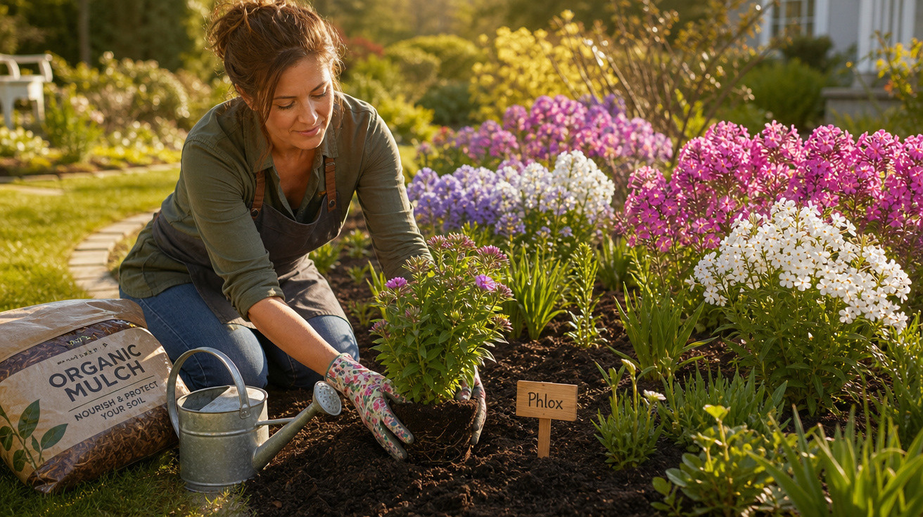 Mulher plantando flores coloridas em jardim com regador e saco de cobertura orgânica ao lado.