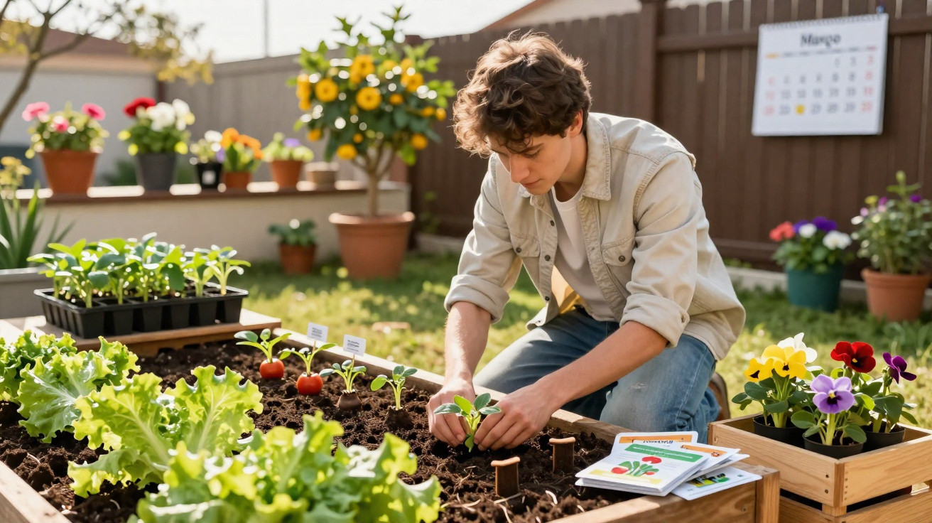 Jovem plantando mudas em horta elevada com diversas plantas e flores ao redor em dia ensolarado.