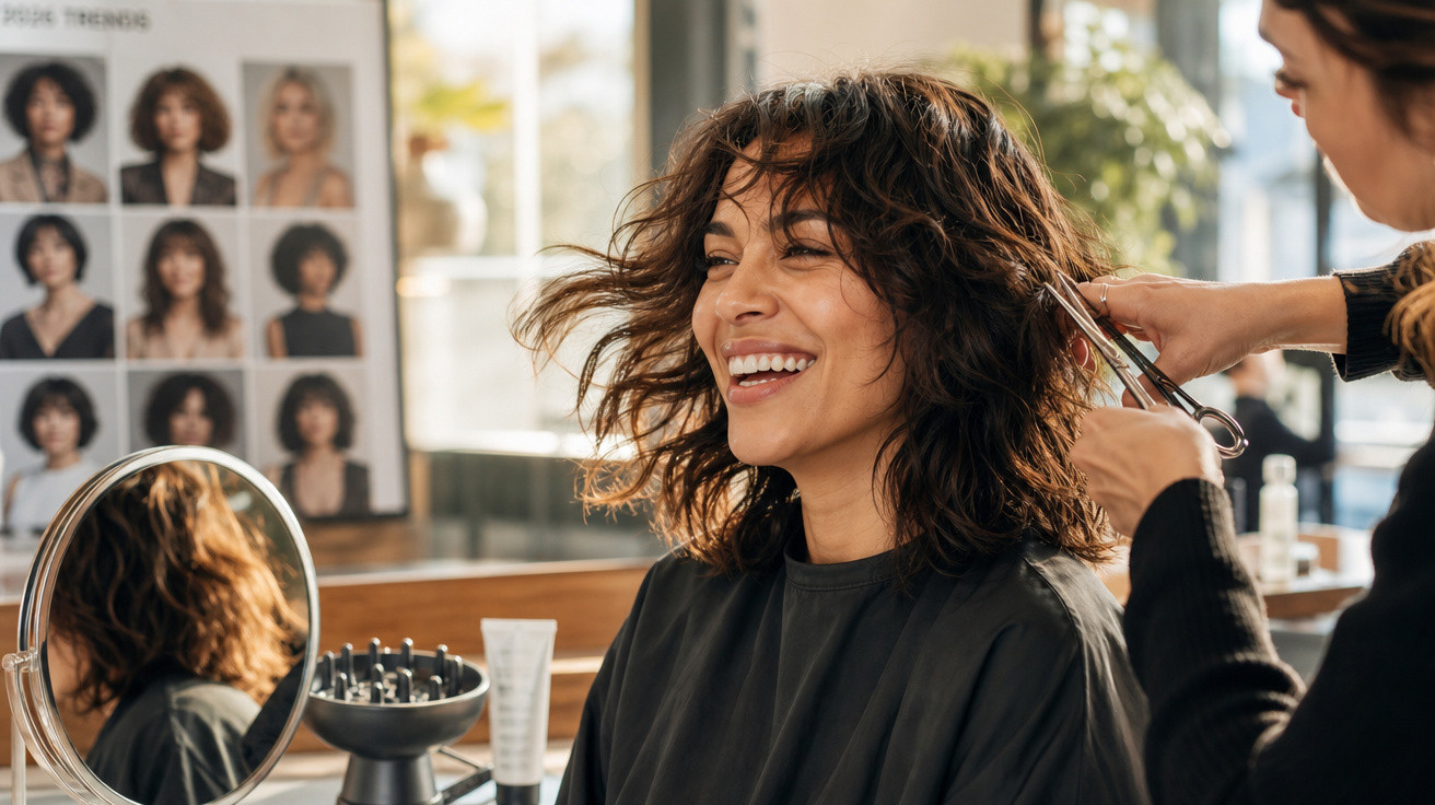 Mulher sorrindo enquanto é atendida por cabeleireira que corta seu cabelo cacheado em salão moderno.