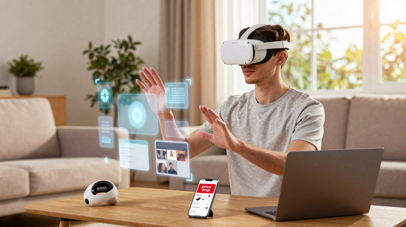 Homem usando óculos de realidade virtual interagindo com interface holográfica em sala de estar.