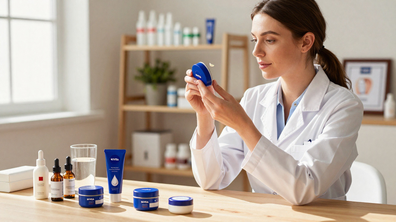 Mulher de jaleco branco examinando creme Nivea, com produtos de beleza sobre a mesa e prateleira ao fundo.