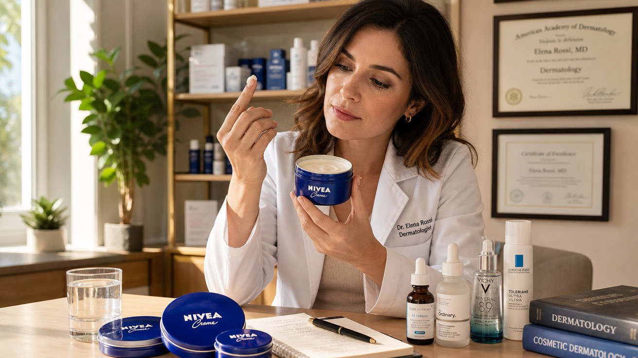 Dermatologista em consultório segurando pote de creme Nivea com produtos e livros sobre cuidados com a pele.