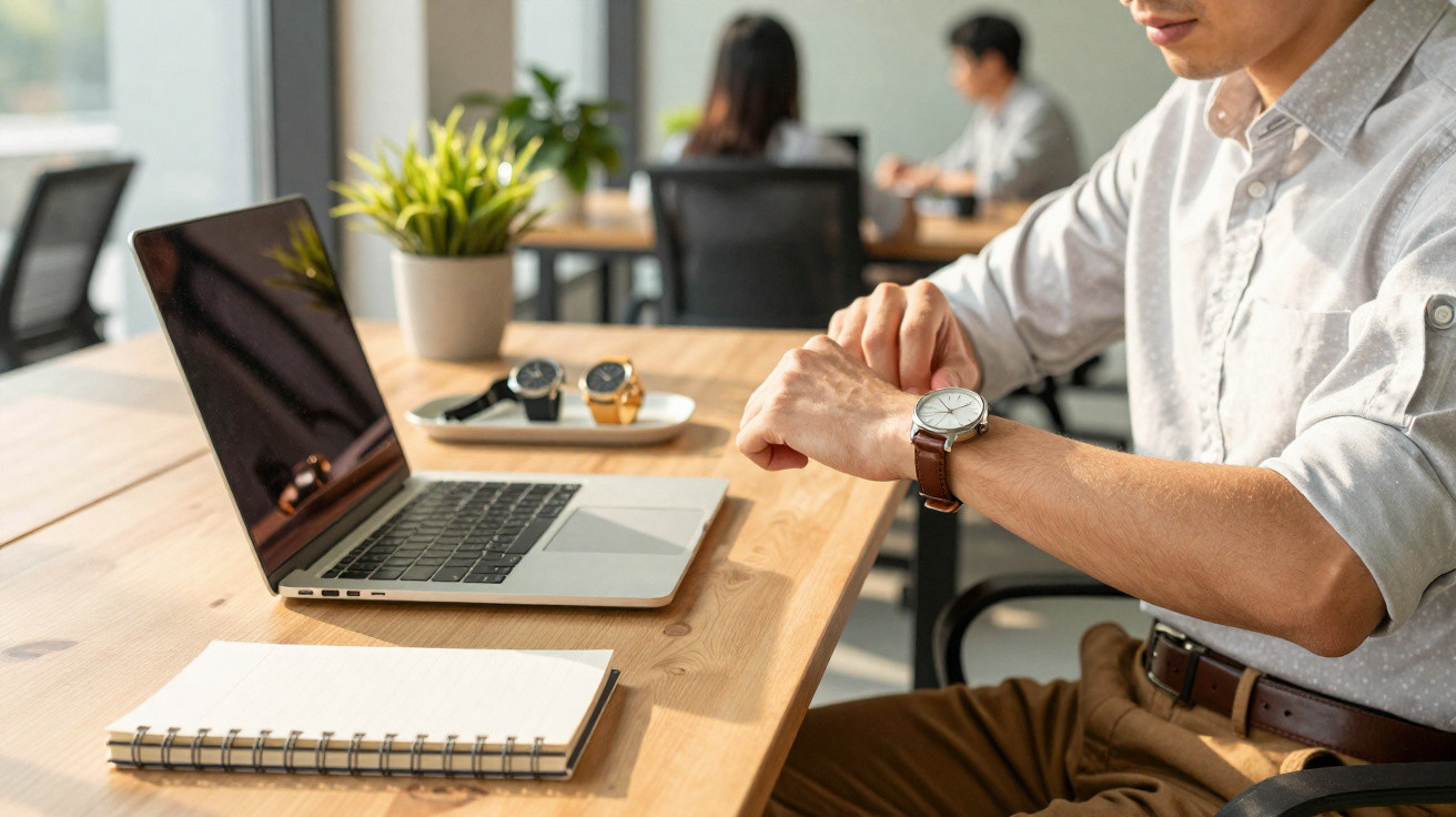 Homem checando o relógio no pulso, sentado à mesa com notebook, caderno e planta em ambiente de escritório.