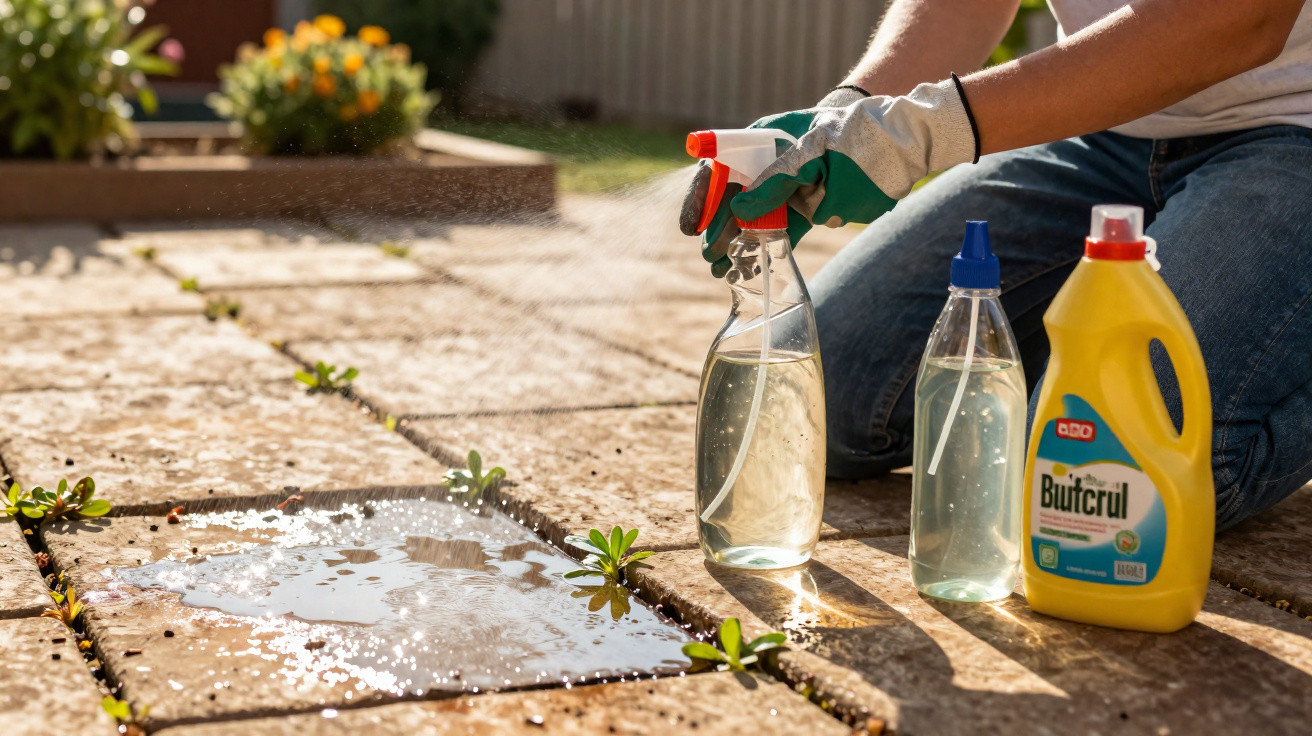 Pessoa com luvas aplicando herbicida caseiro em plantas que crescem entre pedras no jardim.