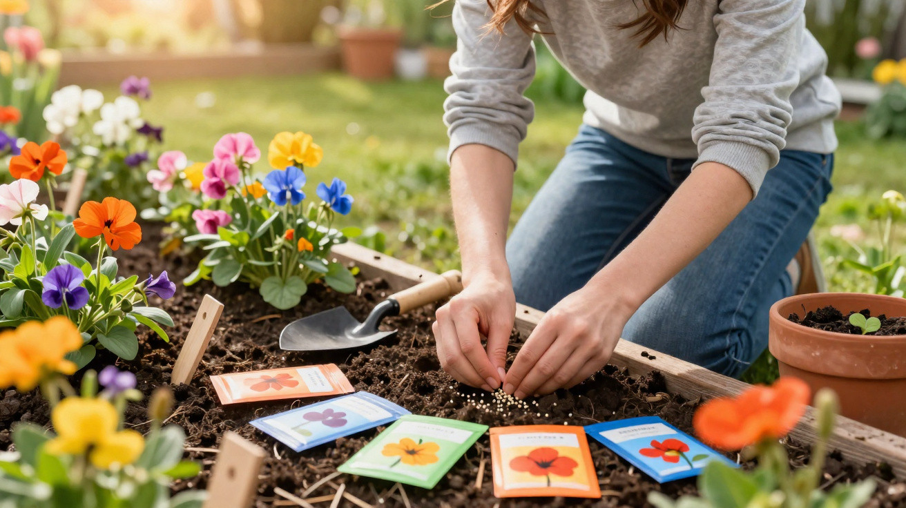 Pessoa plantando sementes em canteiro com pacotes de sementes coloridos ao lado, em jardim ensolarado.