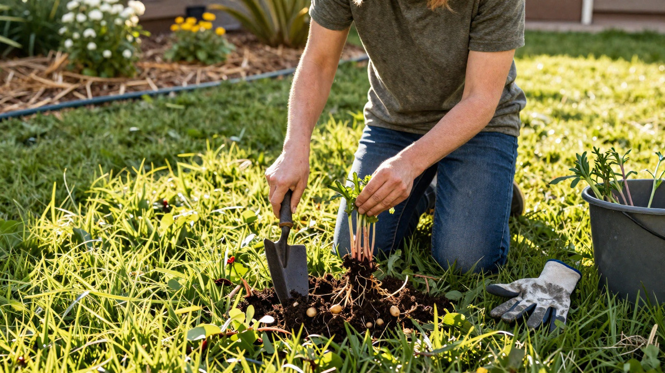 Pessoa ajoelhada no jardim plantando batatas com pá e vasilha ao lado.