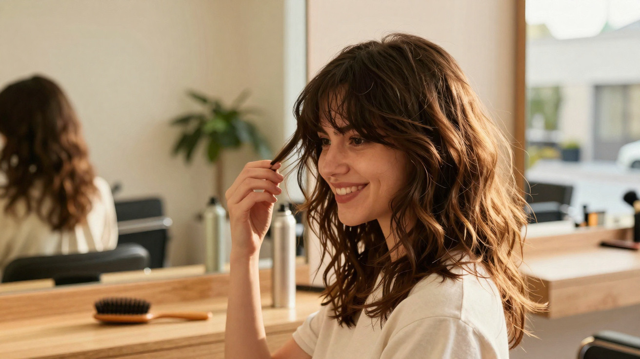 Mulher sorridente de cabelo ondulado médio, tocando os fios em frente a um espelho em salão de beleza.
