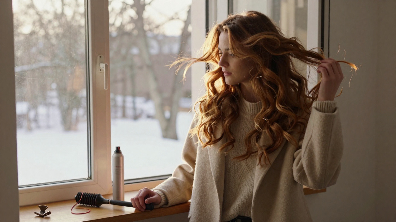 Mulher de cabelo longo e cacheado olhando pela janela com cenário de inverno e objetos de cabelo ao lado.