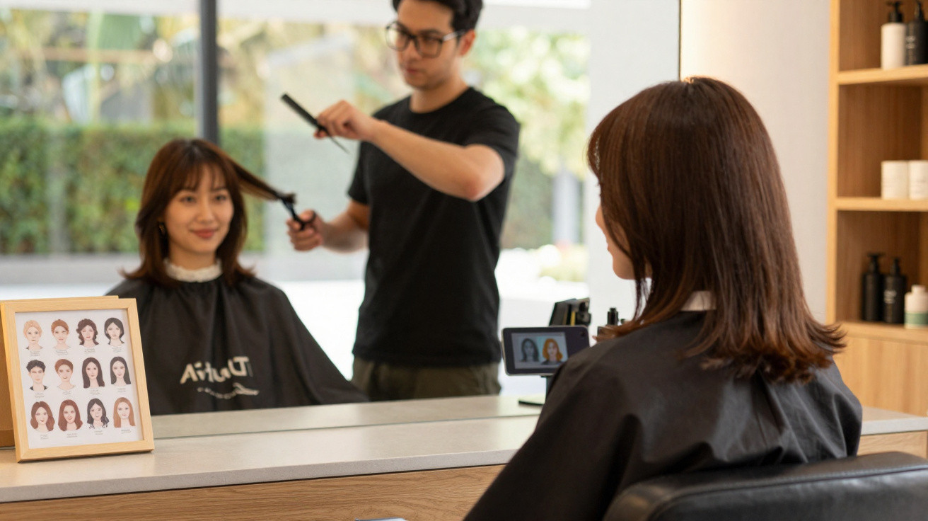 Cliente sentada em salão de beleza enquanto cabeleireiro penteia seu cabelo na frente do espelho.