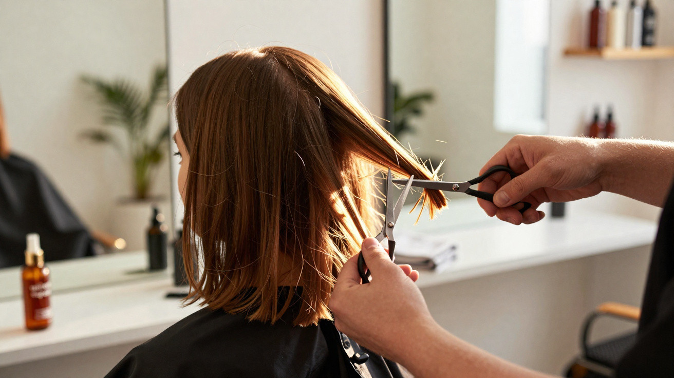 Pessoa com cabelo ruivo sendo cortado por cabeleireiro em salão de beleza moderno.