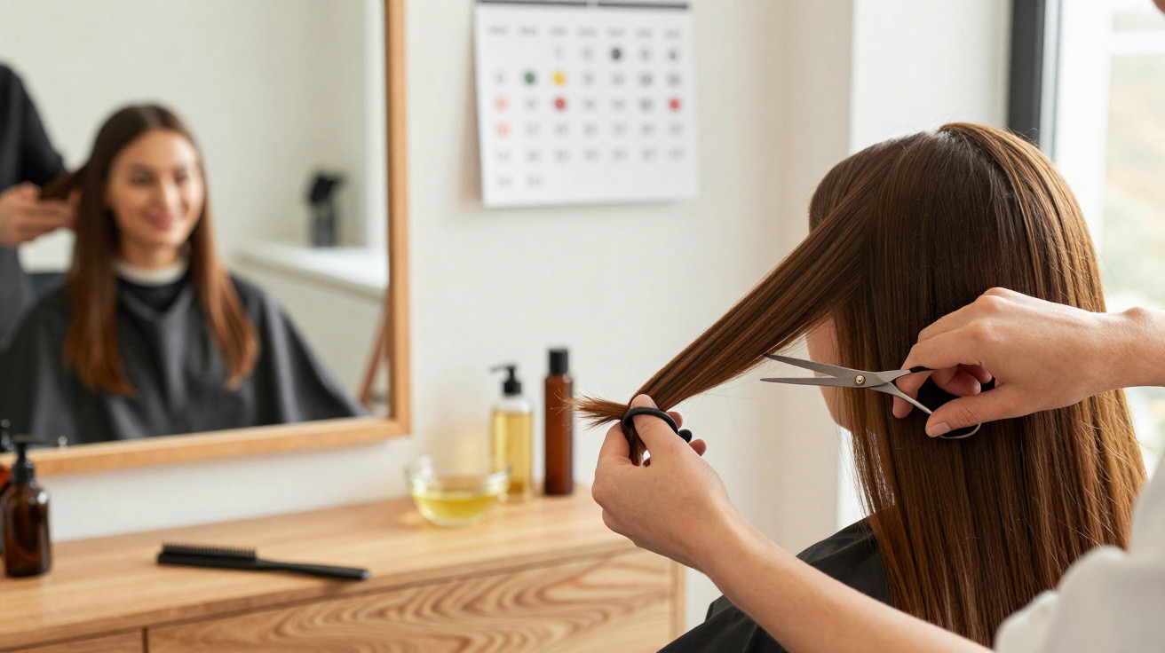 Pessoa cortando cabelo longo em salão de beleza, vista por trás com espelho refletindo o rosto sorridente.