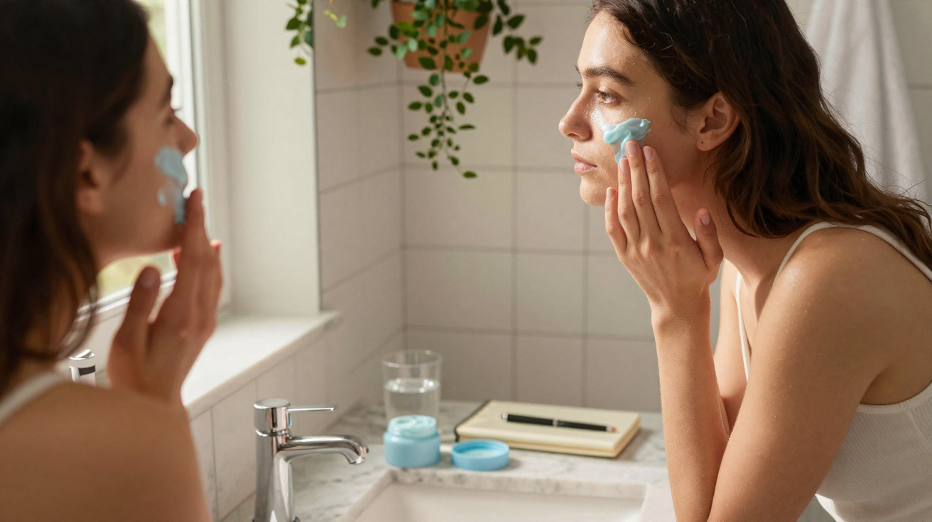 Mulher aplicando creme facial azul no rosto em banheiro com plantas e caderno ao fundo.