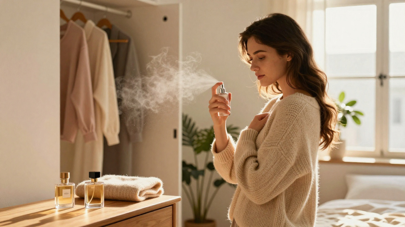 Mulher aplicando perfume em ambiente acolhedor com roupas penduradas e luz natural entrando pela janela.