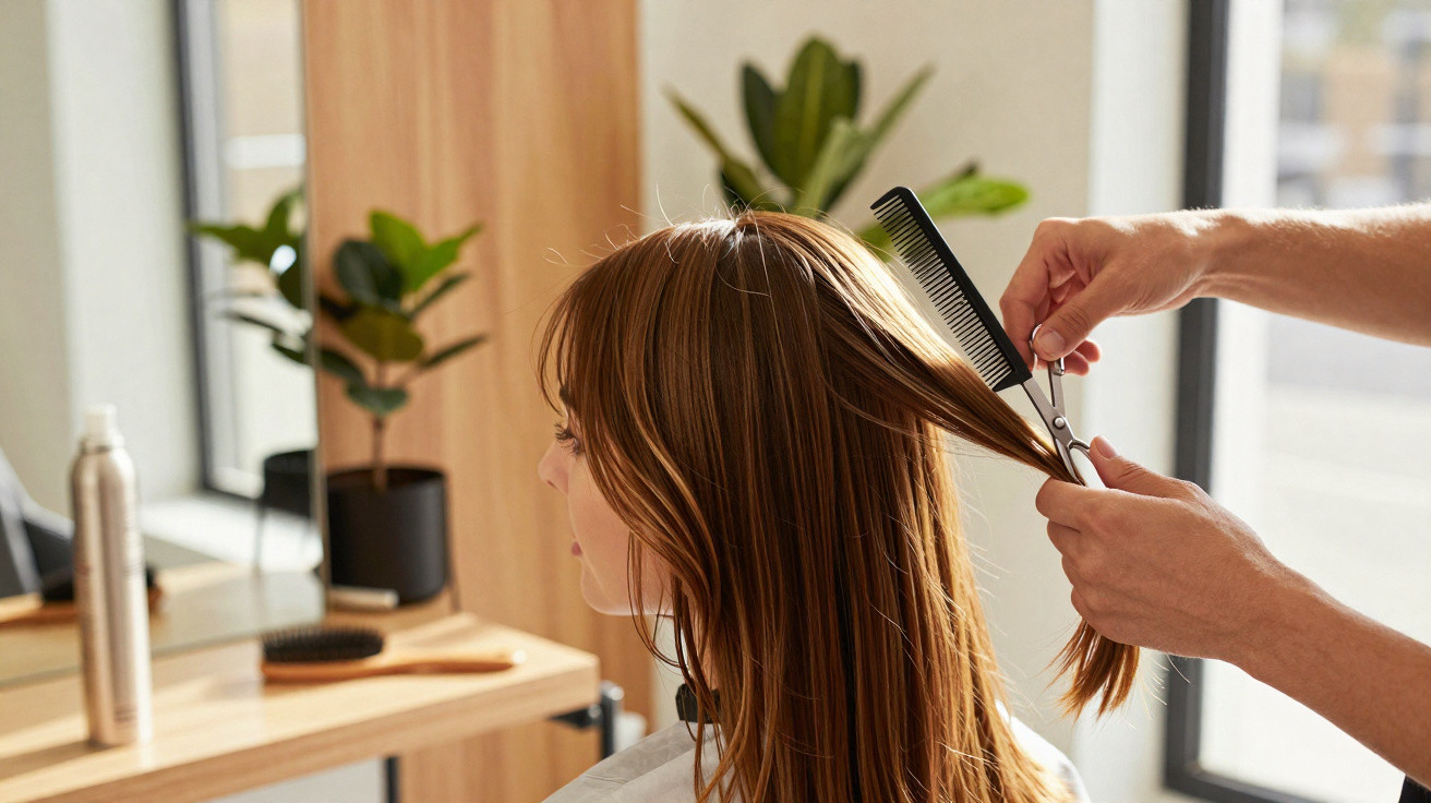 Pessoa com cabelos longos castanhos recebendo corte de cabelo em salão iluminado por janela.