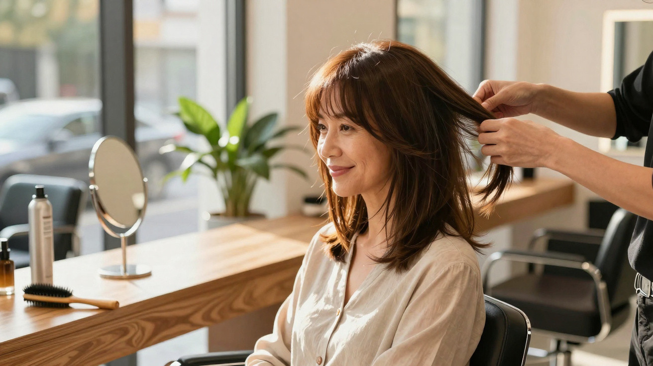 Mulher sorrindo sentada em salão de beleza enquanto cabeleireiro arruma seu cabelo.