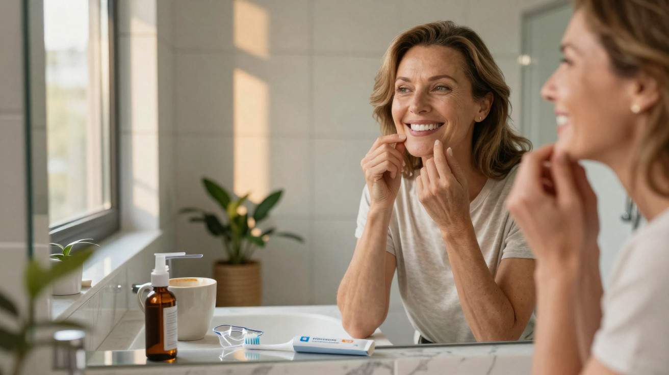 Mulher sorrindo diante do espelho no banheiro, cuidando da pele com produtos ao lado.