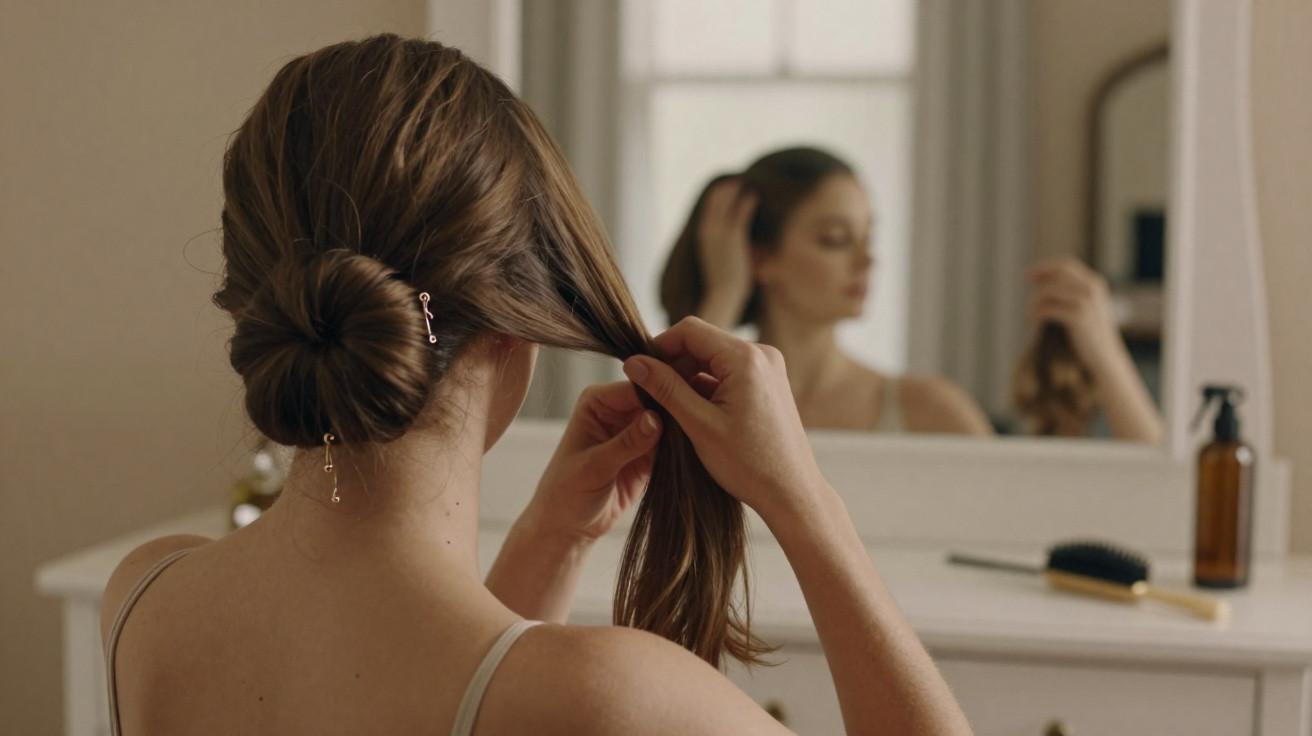 Mulher arrumando o cabelo preso em coque, olhando para o espelho em um ambiente interno claro.