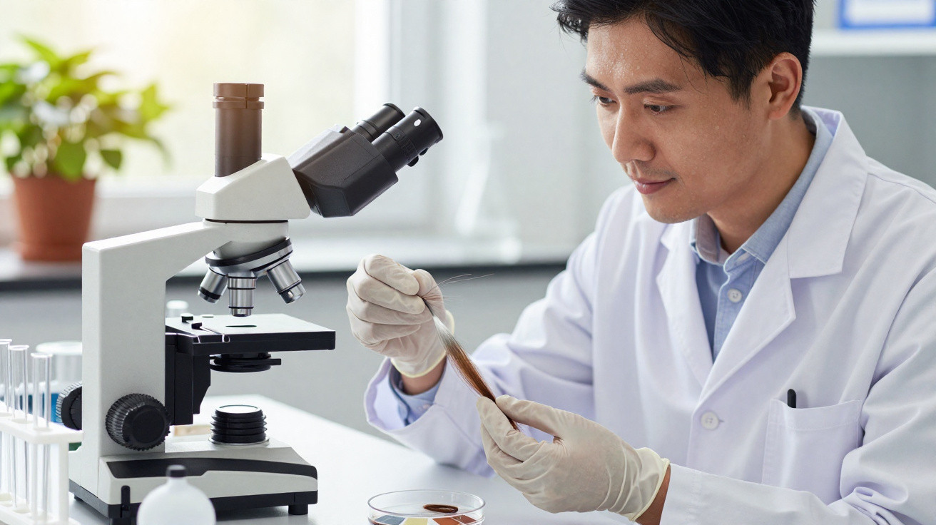 Cientista em jaleco branco examinando amostra com pinça ao lado de microscópio em laboratório.