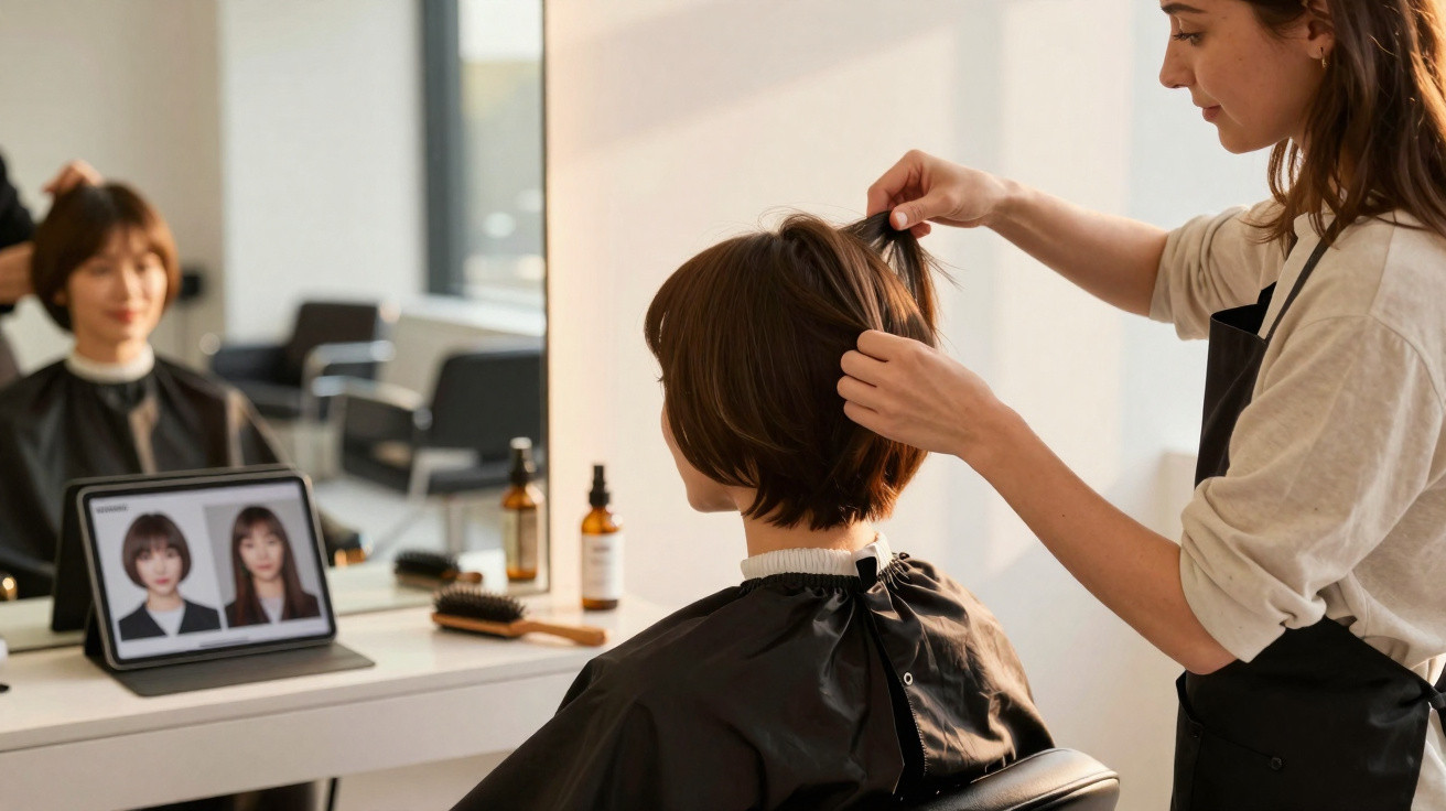 Cliente sentada em cadeira de salão enquanto cabeleireira ajeita cabelo, com espelho e tablet ao fundo mostrando estilos.