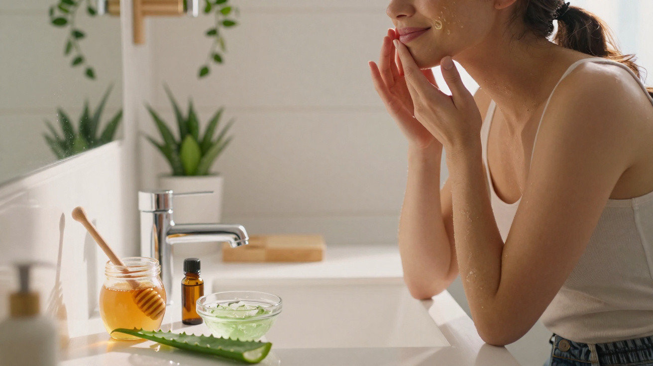 Mulher aplica creme natural no rosto em banheiro com ingredientes como mel, aloe vera e óleo essencial.