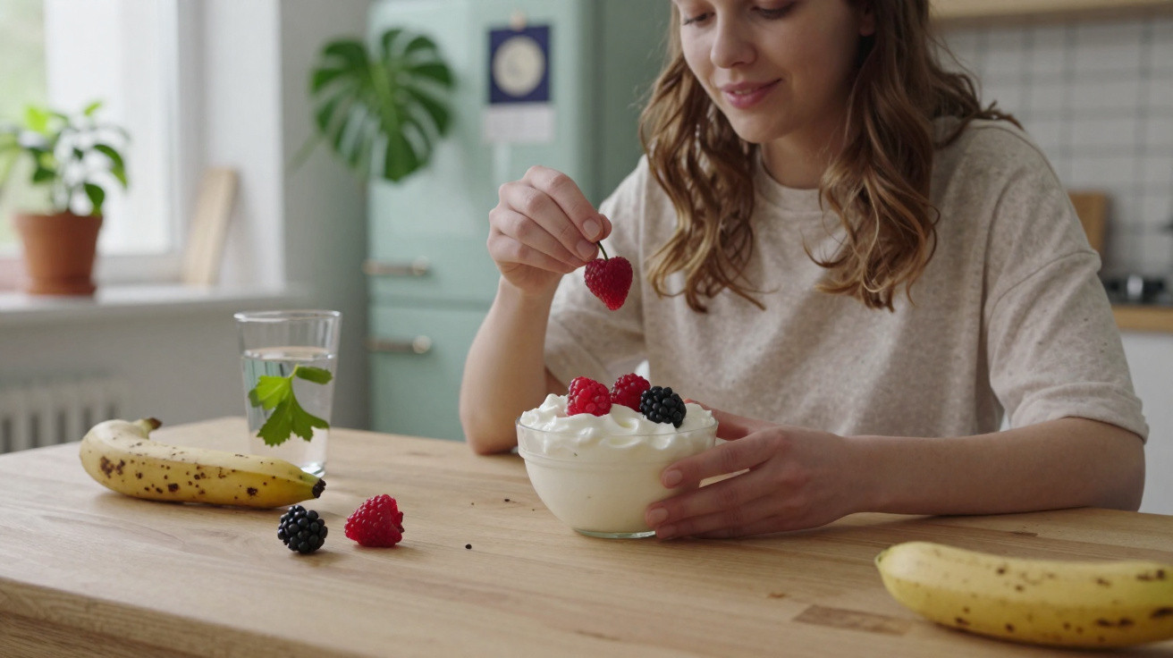 Mulher decorando iogurte com frutas vermelhas em cozinha aconchegante e iluminada.
