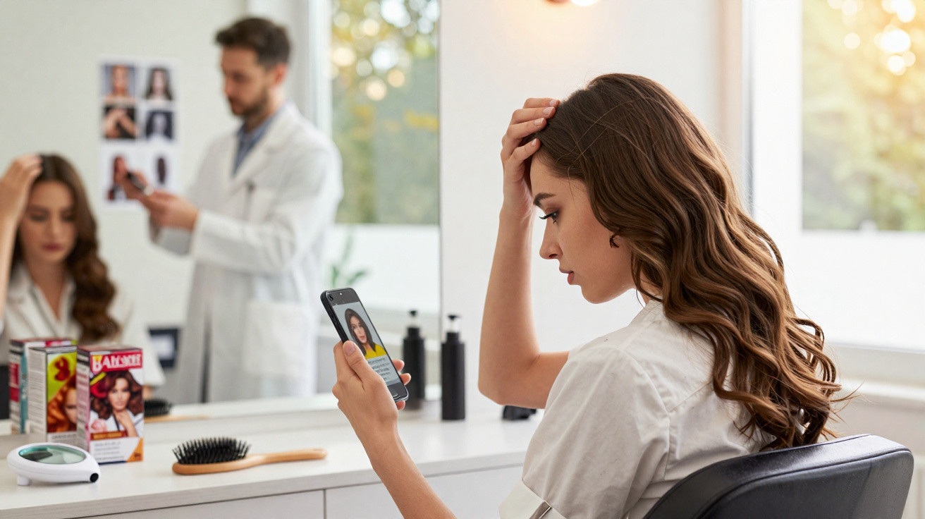 Mulher preocupada olhando foto de corte de cabelo no celular em salão, cabeleireiro ao fundo.