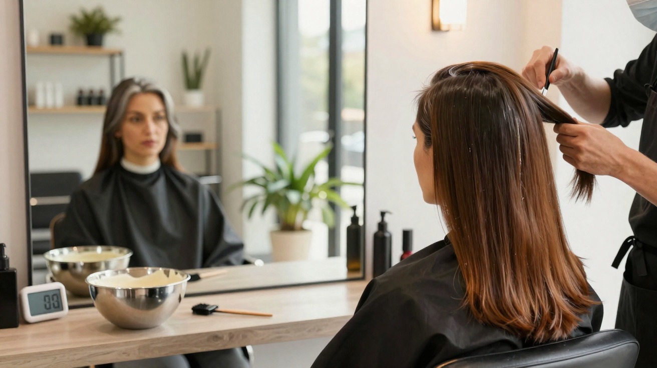 Mulher com capa preta sentada em salão de beleza, com cabelo sendo penteado por cabeleireiro.