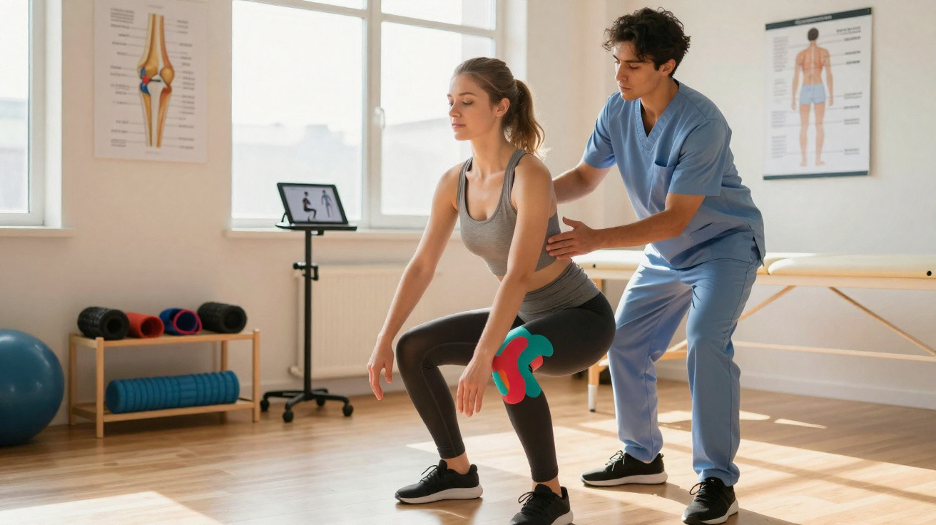 Fisioterapeuta auxiliando mulher a fazer exercício de agachamento em clínica com ambiente claro e equipamentos.