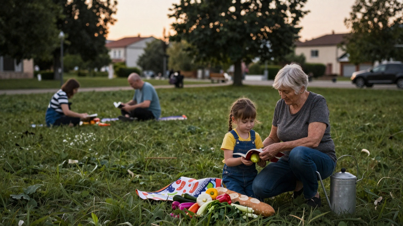 Idosa e menina sentadas na grama com cesta de legumes, ao fundo casal lendo em parque residencial.