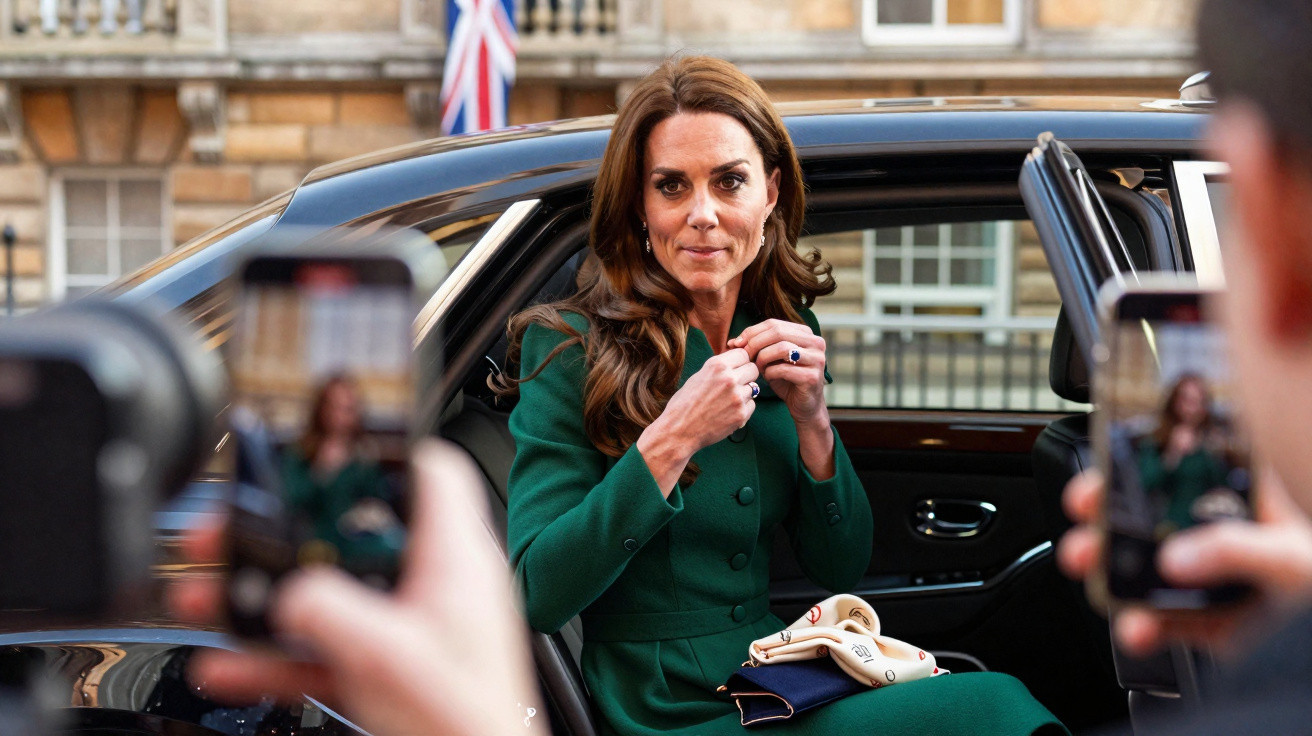 Mulher elegante com vestido verde saindo de um carro preto enquanto pessoas tiram fotos com celulares.