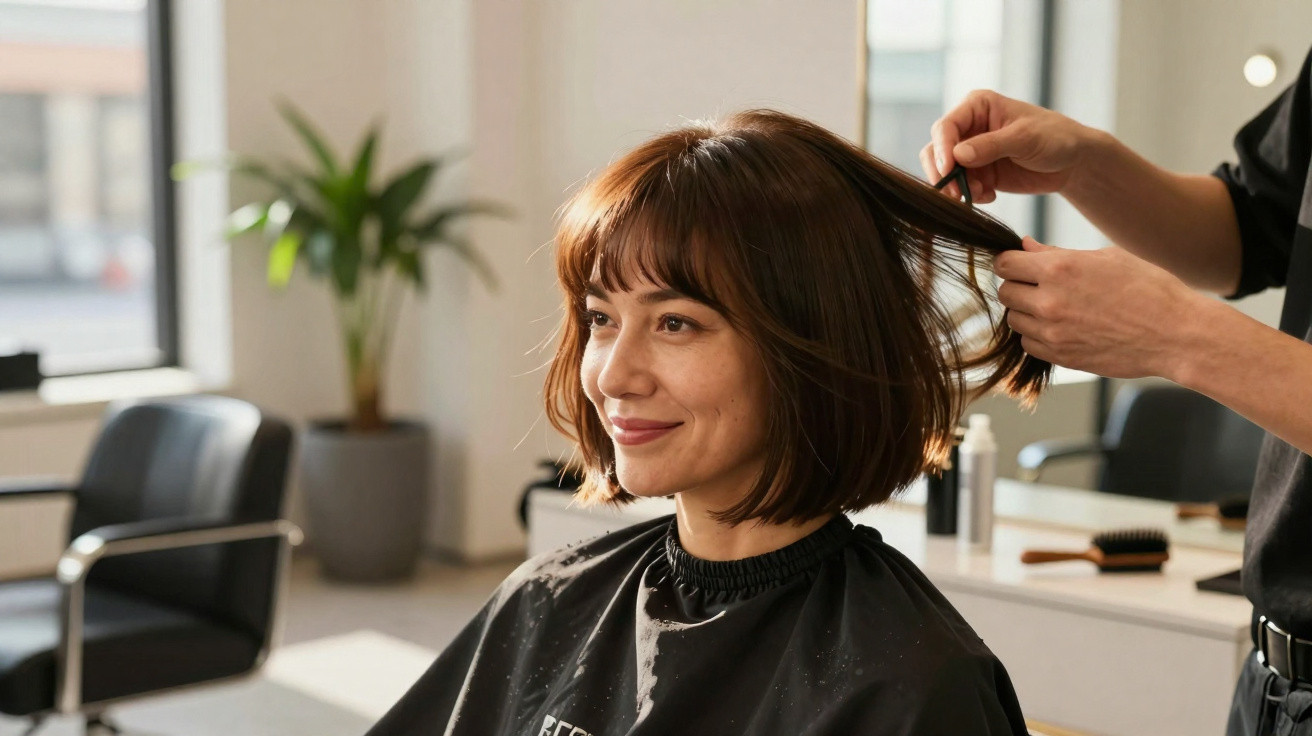 Mulher sorridente com cabelo curto sendo cortado por cabeleireiro em salão moderno e iluminado.