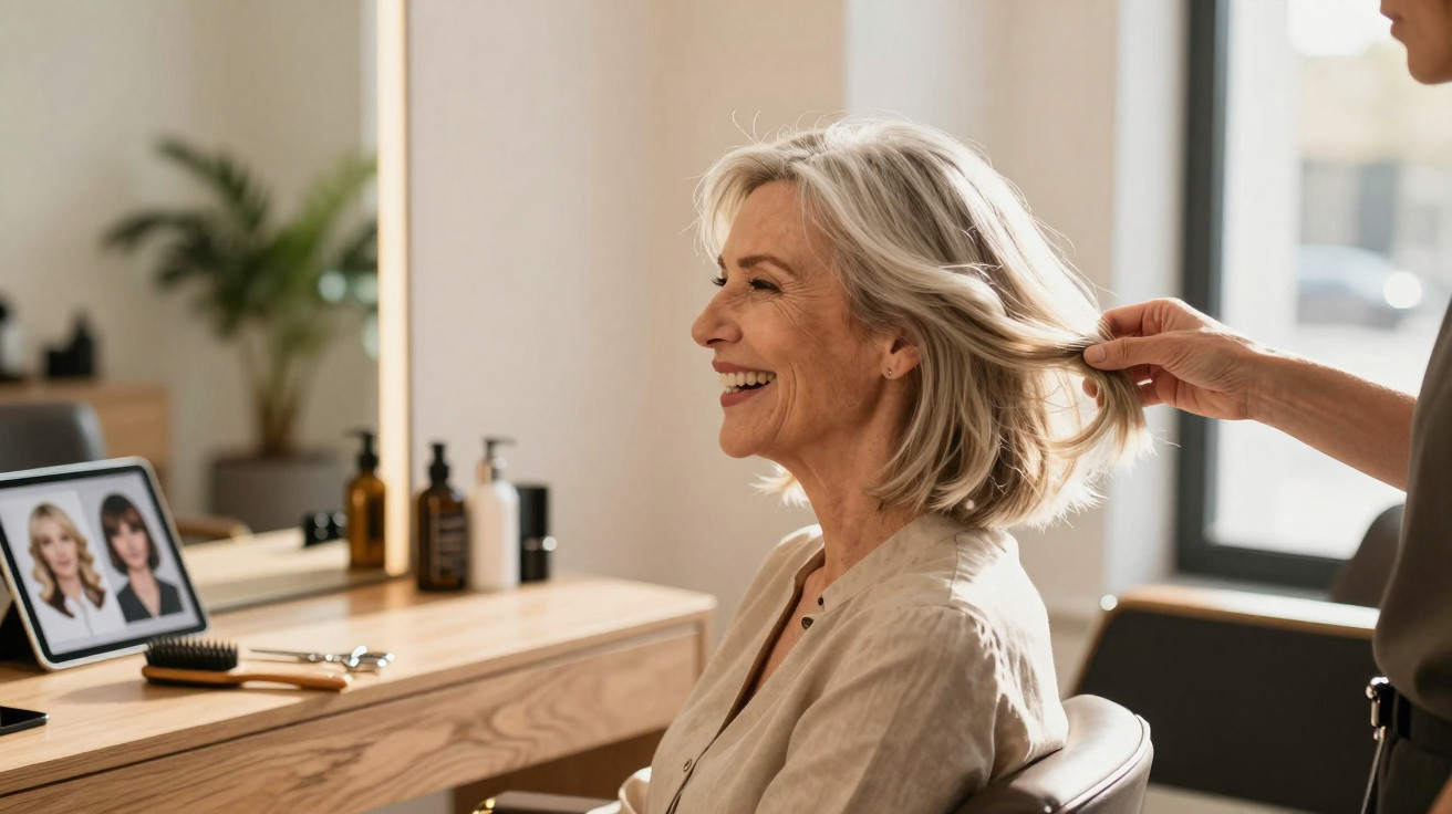 Mulher sorridente sentada em salão enquanto cabeleireiro ajeita seu cabelo curto grisalho.