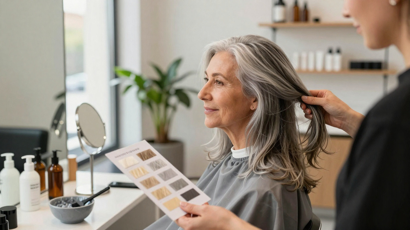 Mulher madura com cabelos grisalhos em salão de beleza analisando amostras de tonalidades de cabelo.
