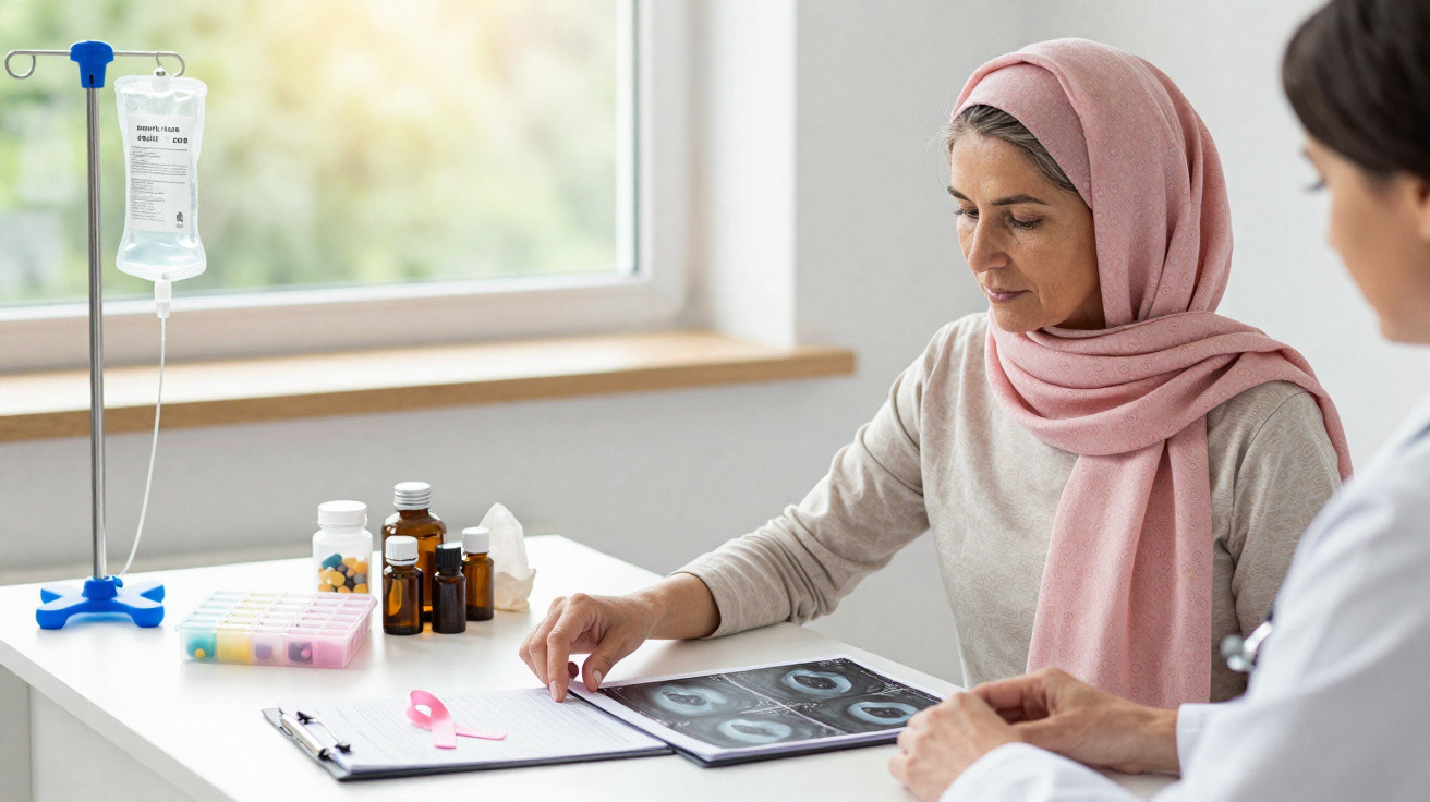 Mulher com lenço rosa consulta médica, analisando exames e anotações em clínica.
