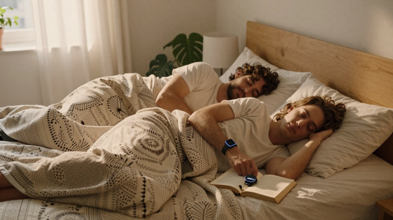Casal dormindo na cama, homem segurando um livro aberto, ambos de camiseta branca e cobertos com edredom estampado.