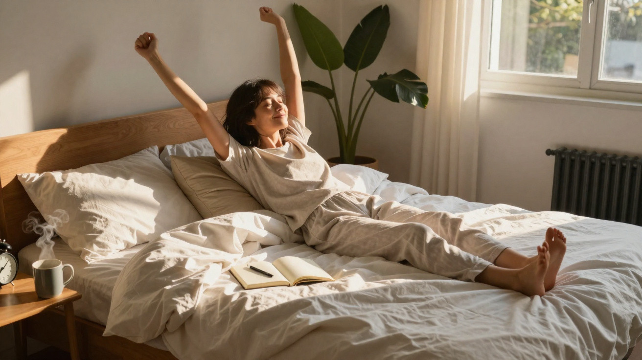 Mulher acordando e espreguiçando-se na cama ao amanhecer com luz natural entrando pela janela.