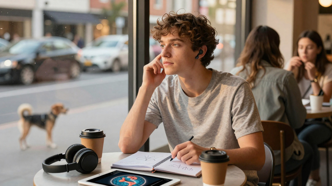 Jovem com fones de ouvido no café olhando pela janela, com caderno, tablet e café na mesa.