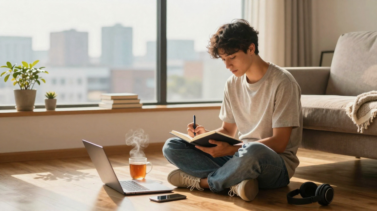 Jovem sentado no chão de casa escrevendo em caderno, laptop aberto e xícara de chá ao lado.