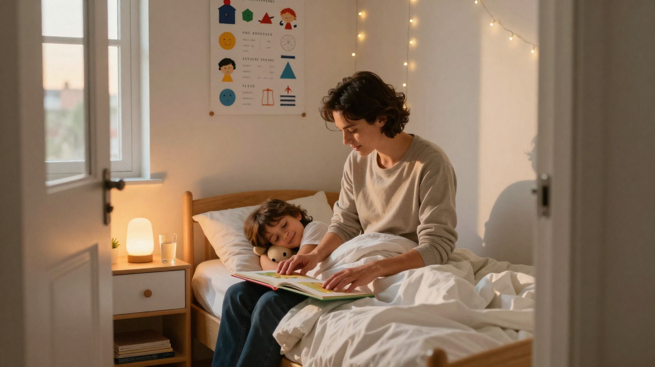 Pessoa lendo um livro para uma criança deitada na cama em um quarto iluminado e aconchegante.