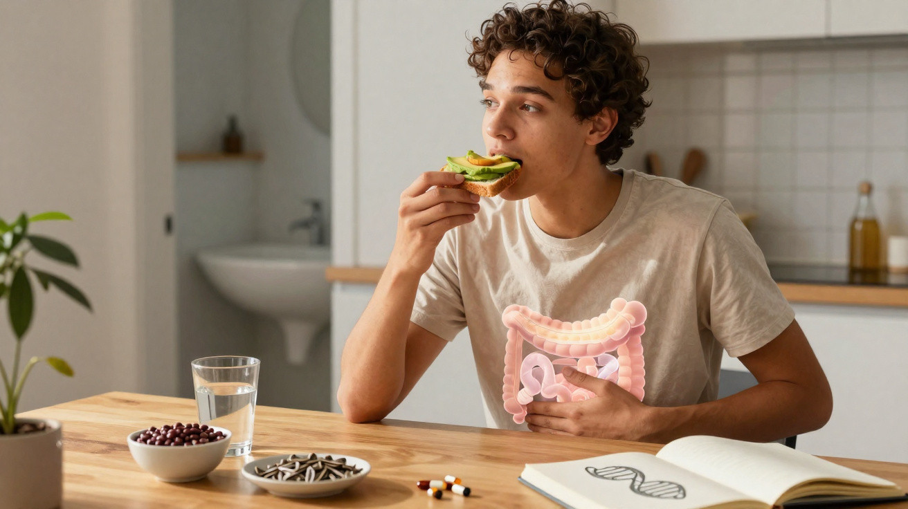 Jovem com camiseta ilustrando intestino faz refeição saudável em mesa com frutas, água e suplementos.