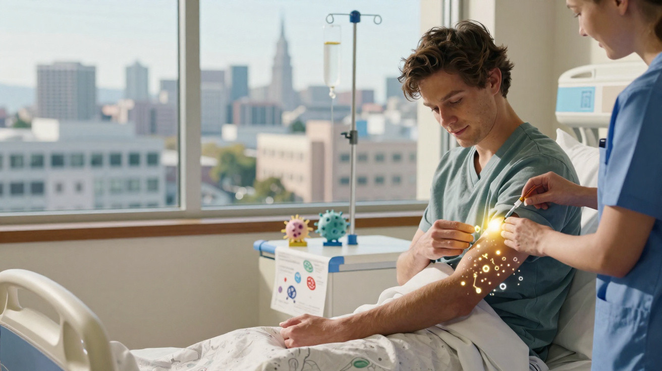 Paciente masculino recebendo tratamento intravenoso com enfermeira em hospital com vista para a cidade.