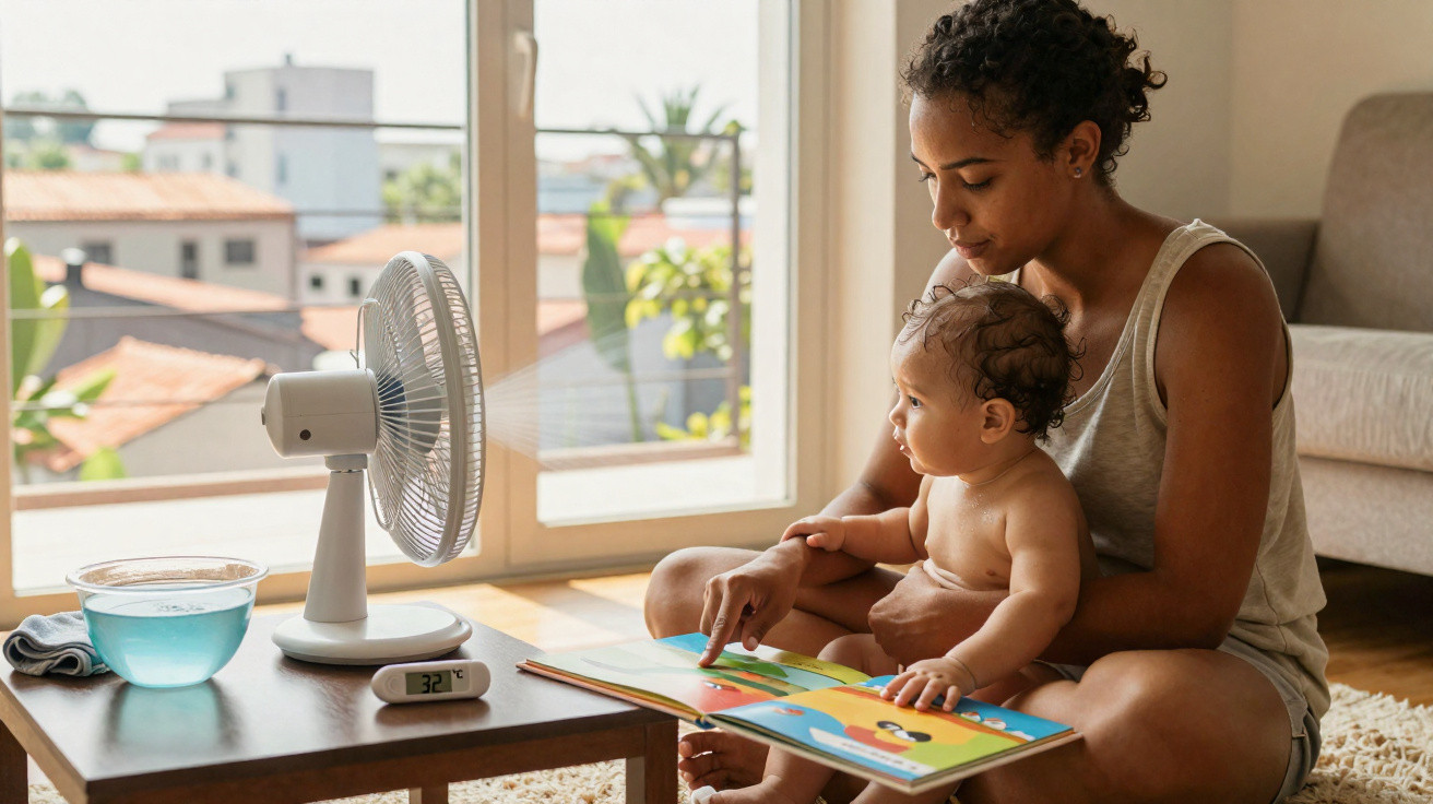 Mulher negra com bebê sentado no chão lendo livro em frente a ventilador ligado e termômetro marcando 32°C.