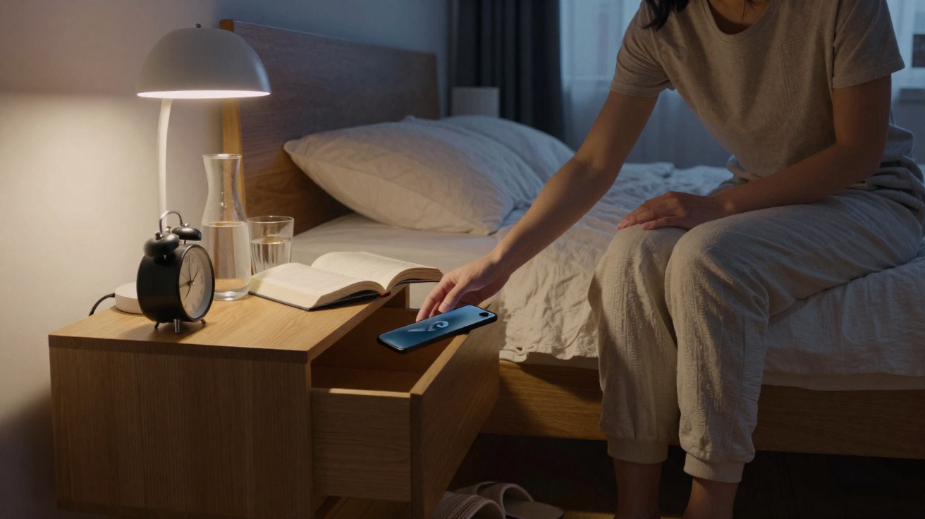 Pessoa sentada na cama pega celular na mesa de cabeceira com relógio, livro aberto e luminária acesa.