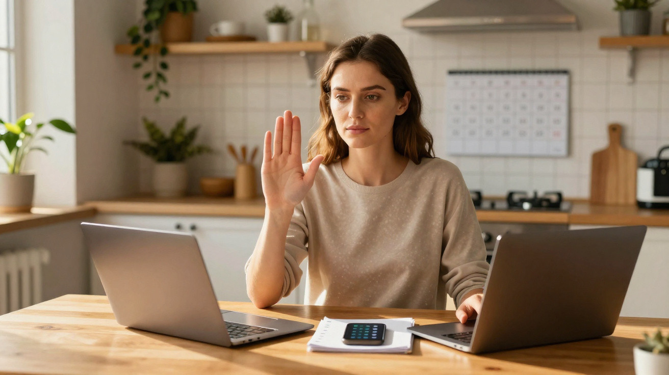Mulher sentada à mesa entre dois laptops, levantando a mão em sinal de pausa ou atenção.
