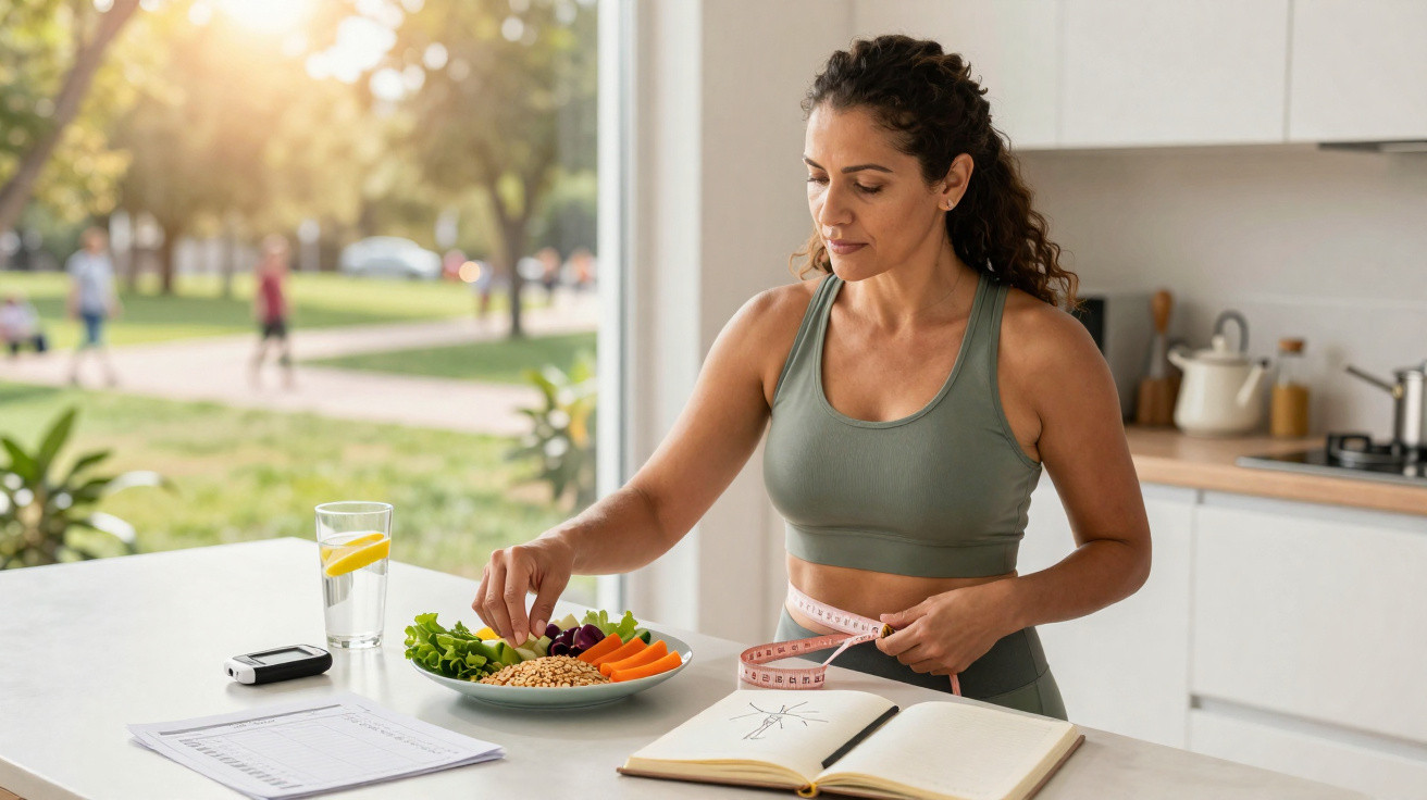 Mulher vestindo roupa esportiva medindo cintura e comendo salada saudável na cozinha iluminada.