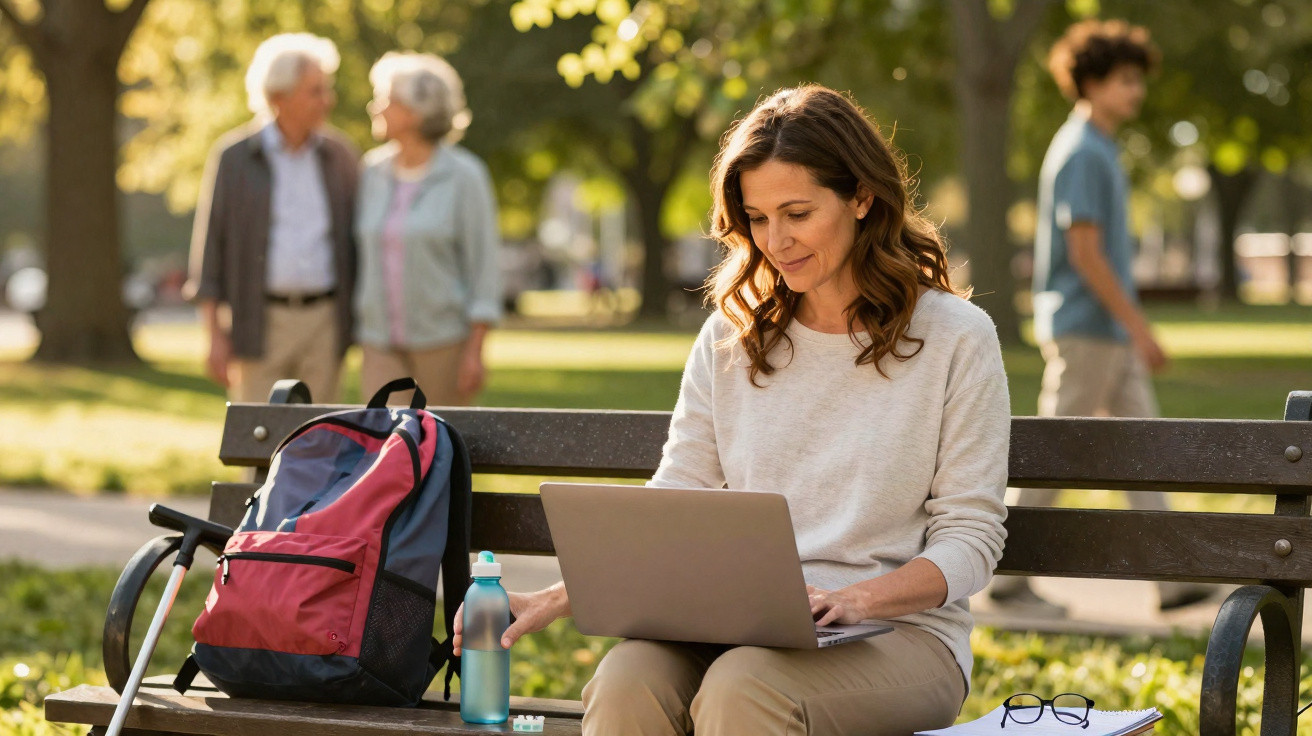 Mulher sentada em banco de parque usa laptop, com mochila, garrafa de água e óculos ao lado.