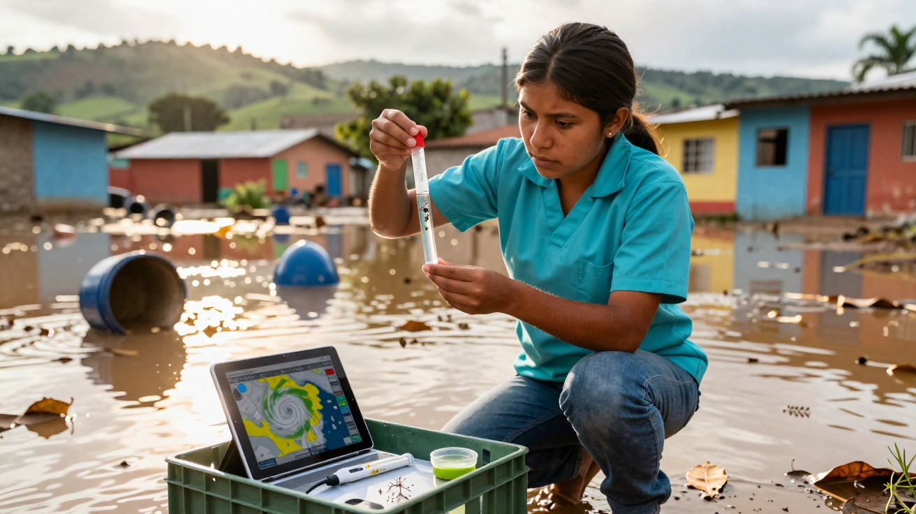 Mulher em área alagada analisa amostra de água com tablet mostrando mapa meteorológico ao lado.