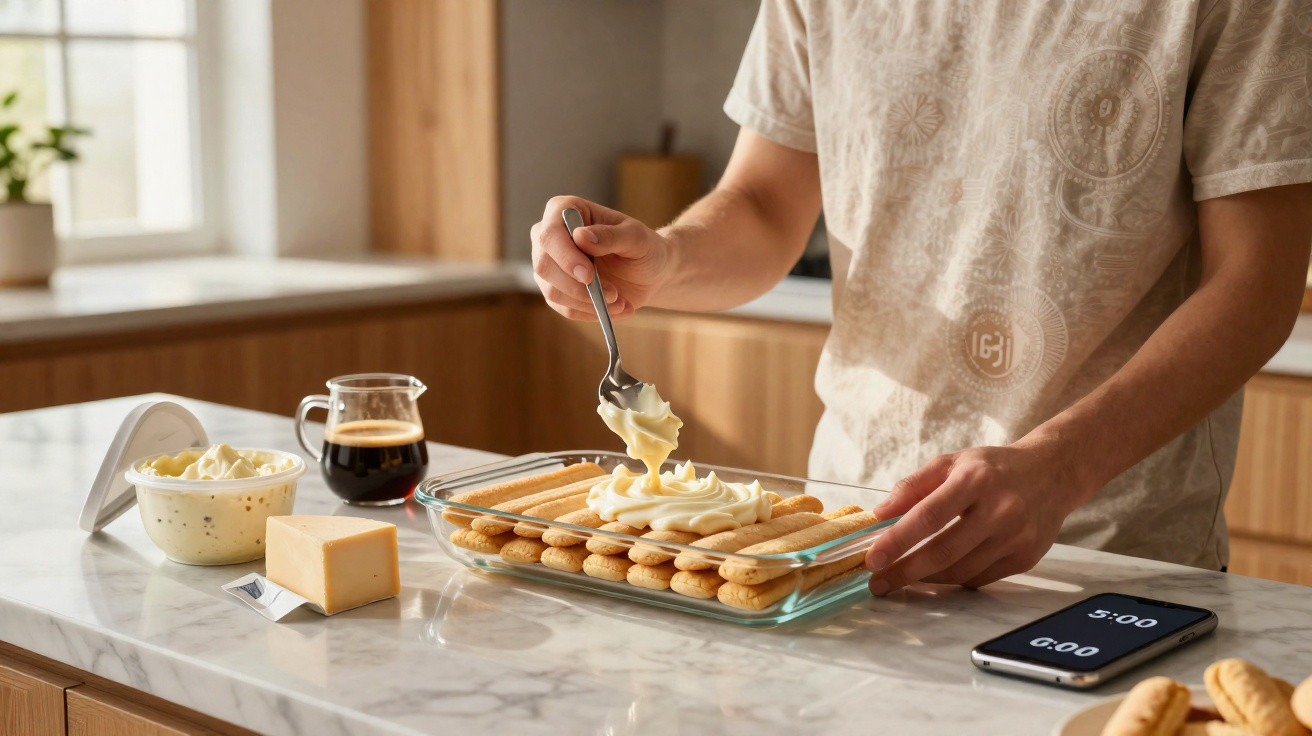 Pessoa espalhando creme sobre biscoitos em refratário para preparar sobremesa em cozinha clara.