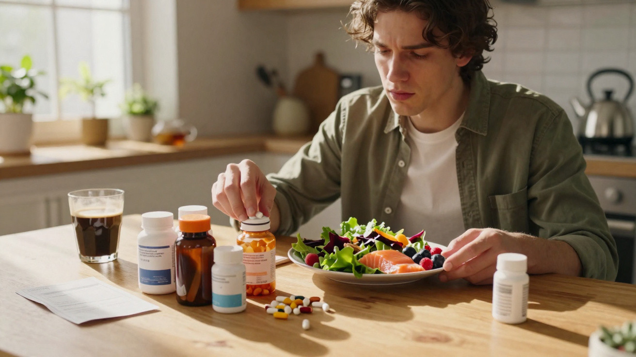 Jovem sentado à mesa com pratos de salada, remédios e suplemento em frascos na cozinha iluminada.